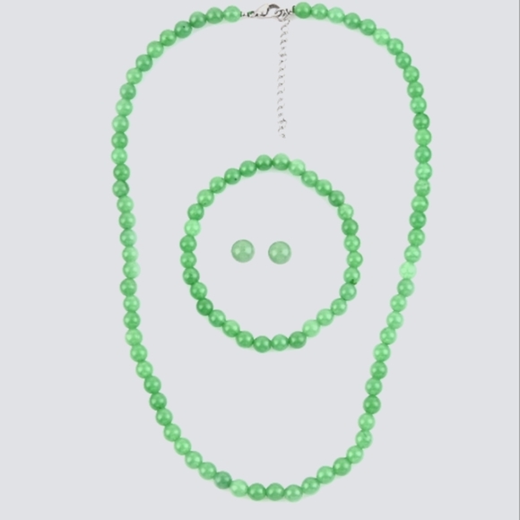 Jewelry - UNISEX STAINLESS STEEL GREEN ADVENTURINE NECKLACE, BRACELET AND EARRING SET